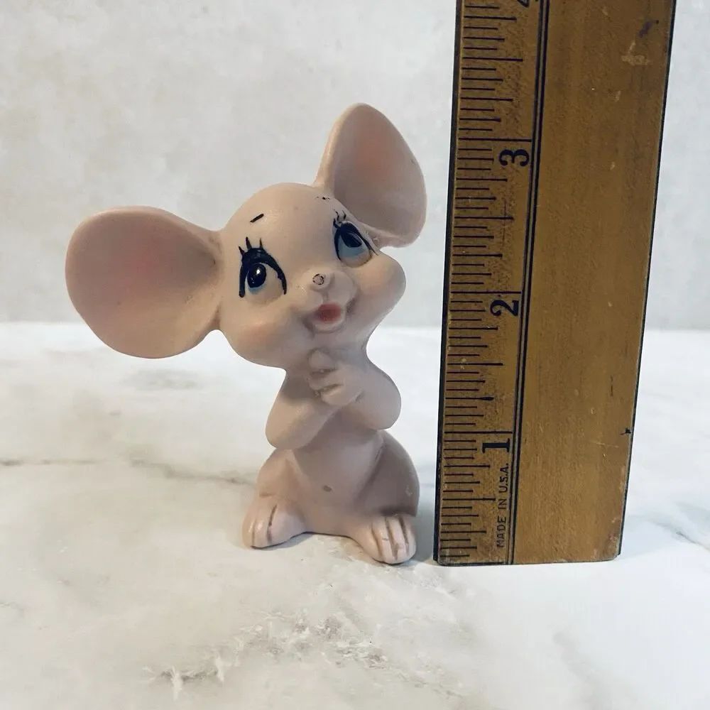 Vintage Kitsch Pink Ceramic Big Ear Mouse Figurine Japan